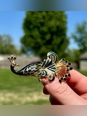 MCM Golden Peacock Brooch Colorblock Feathers Eclectic EUC